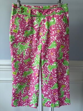 Lilly Pulitzer Main Line Fit Pink & Green Sea-Themed Cropped Pants Capri Sz 2